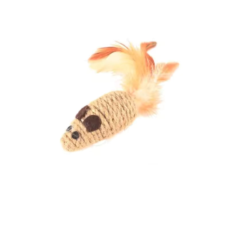 Single durable sisal cat mouse toy with a natural braided rope body and soft feather tail for interactive play.