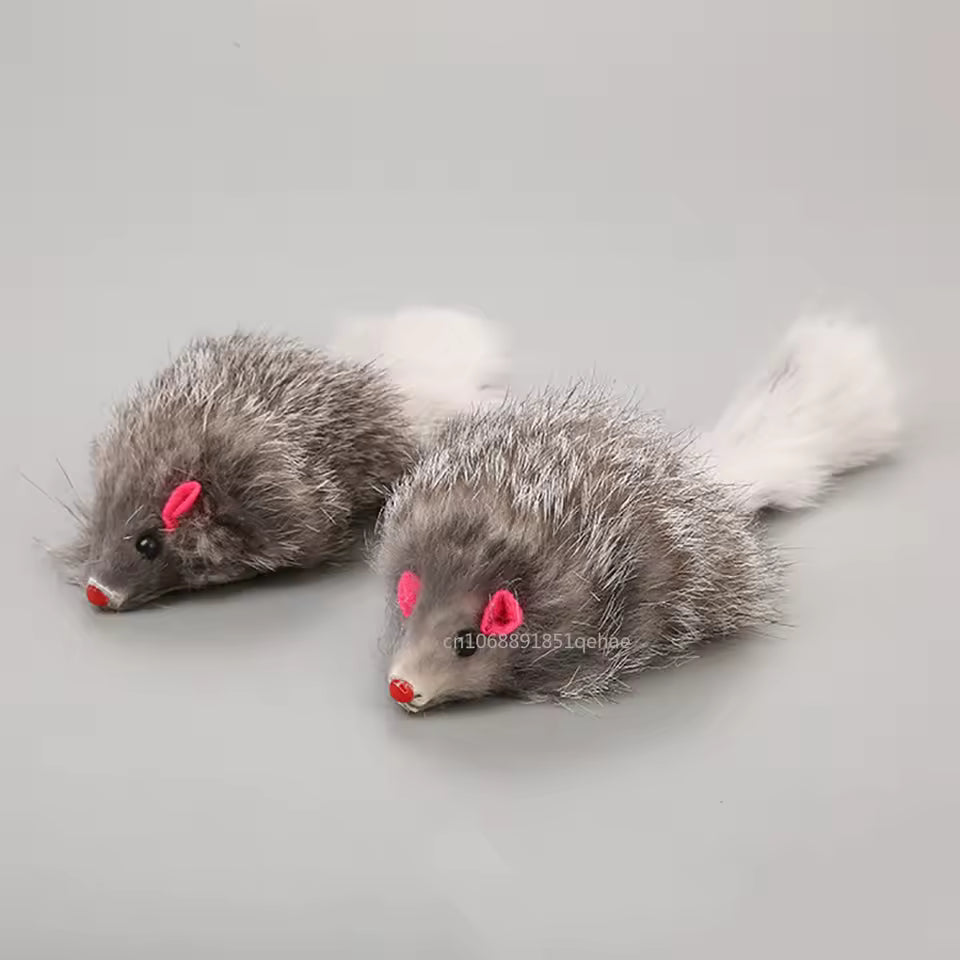 Realistic Cat Mouse Toys with Long Tail - Soft Real Rabbit Fur Mice for Chewing & Hunting (Black, Grey, White)