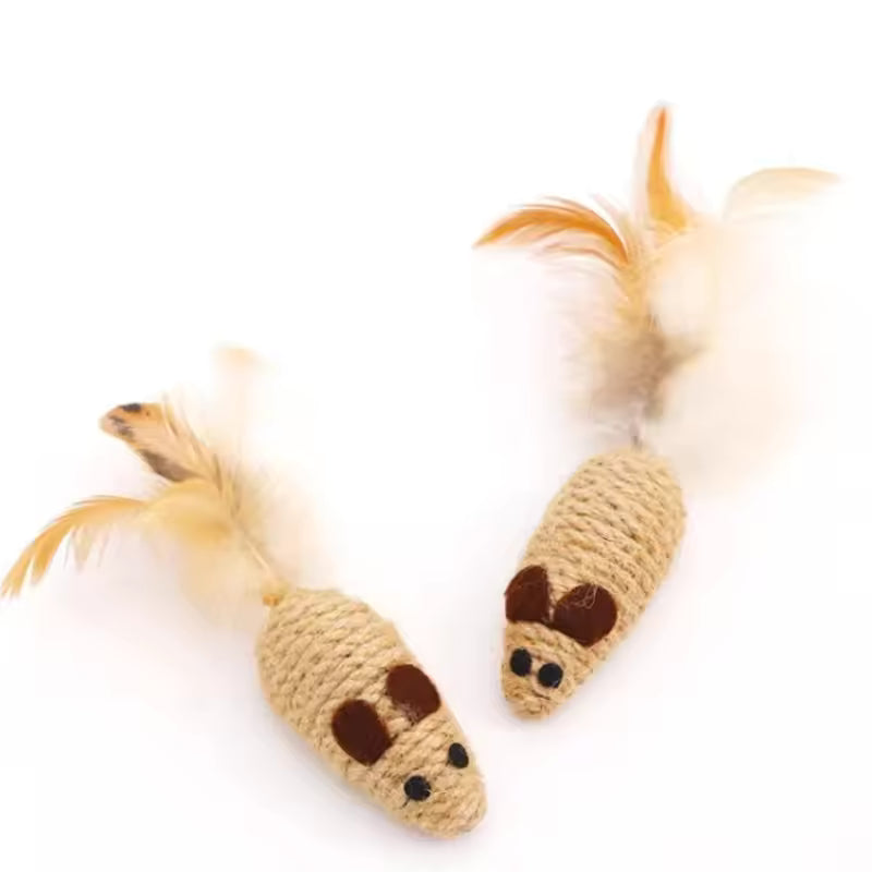 Two individual durable sisal cat mouse toys with plush feather tails, displayed on a white background.