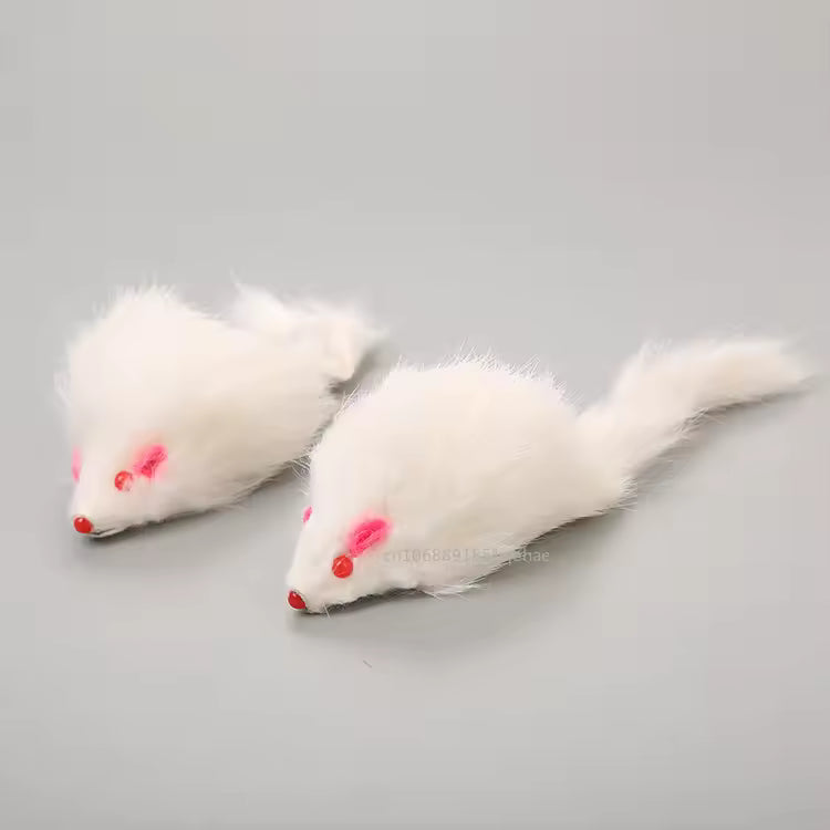 Two realistic white false cat mouse toys made with soft real rabbit fur, featuring pink eyes and red noses, on a grey background.
