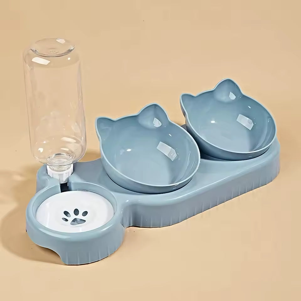 Blue 3-in-1 Elevated Cat Food and Water Bowl Set with Automatic Gravity Feeder.