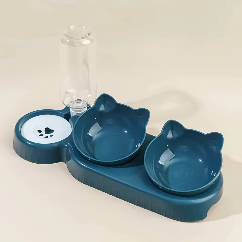 Navy Blue 3-in-1 Elevated Cat Food and Water Bowl Set with Automatic Gravity Feeder.