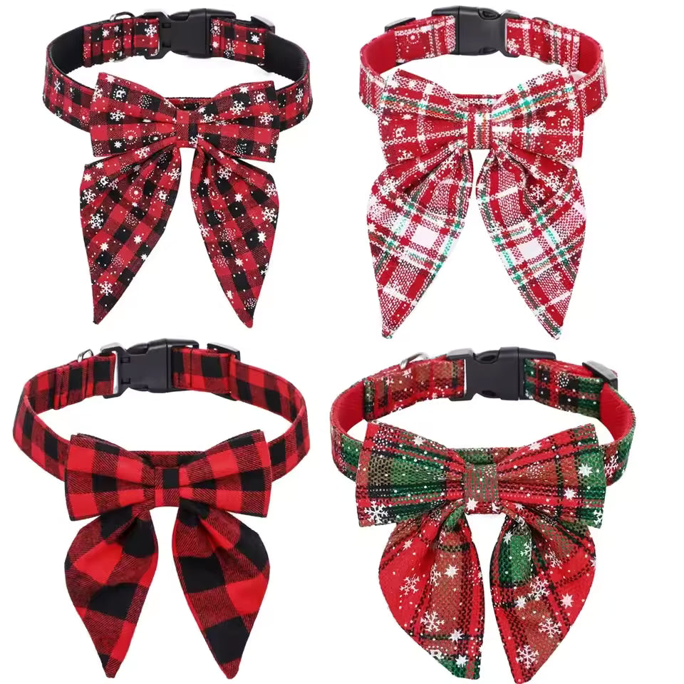 Four adjustable Christmas bow dog collars featuring red and green plaid, buffalo check, and snowflake patterns.