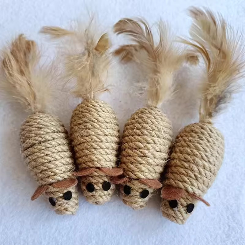 Single durable sisal cat mouse toy with a natural braided rope body and soft feather tail for interactive play.