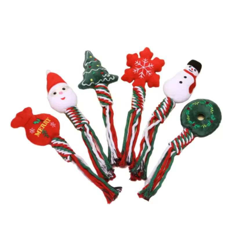 Display of a 6-piece Christmas dog toy set, including Santa, Snowman, and Tree plush tops with braided cotton rope handles.