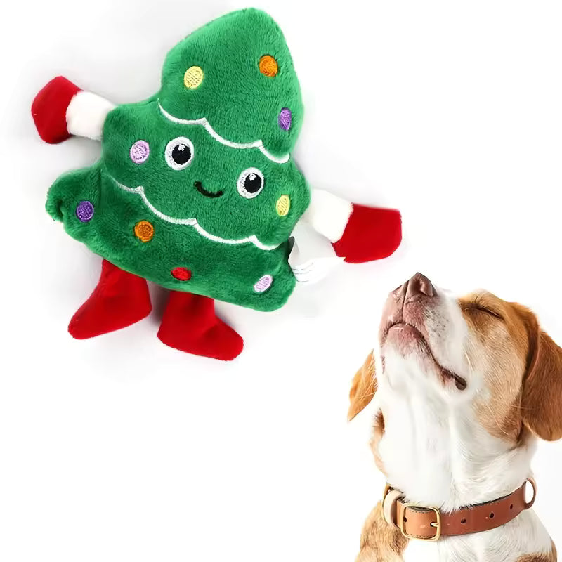 Durable green Christmas Tree plush dog toy made of polyester, suitable for chewing by small breeds.