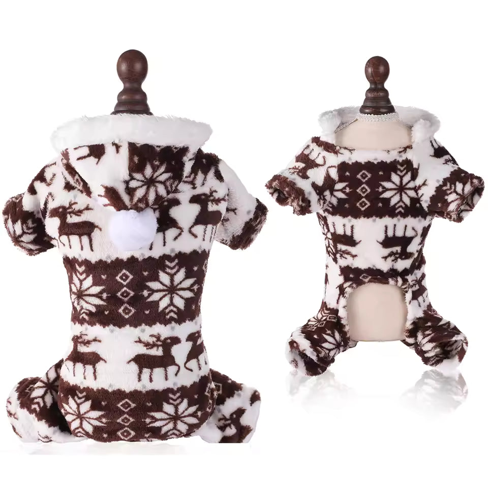 Small white dog (likely a Poodle) wearing the stylish brown faux fur-trimmed winter coat with a prominent spotted bow.