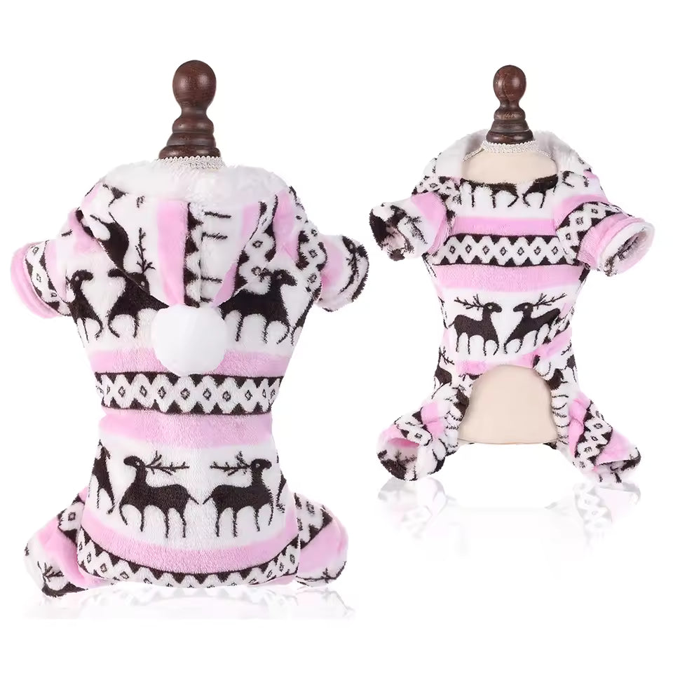 Luxurious pink quilted dog jacket with a white faux fur collar, ruffled skirt, and decorative bow.