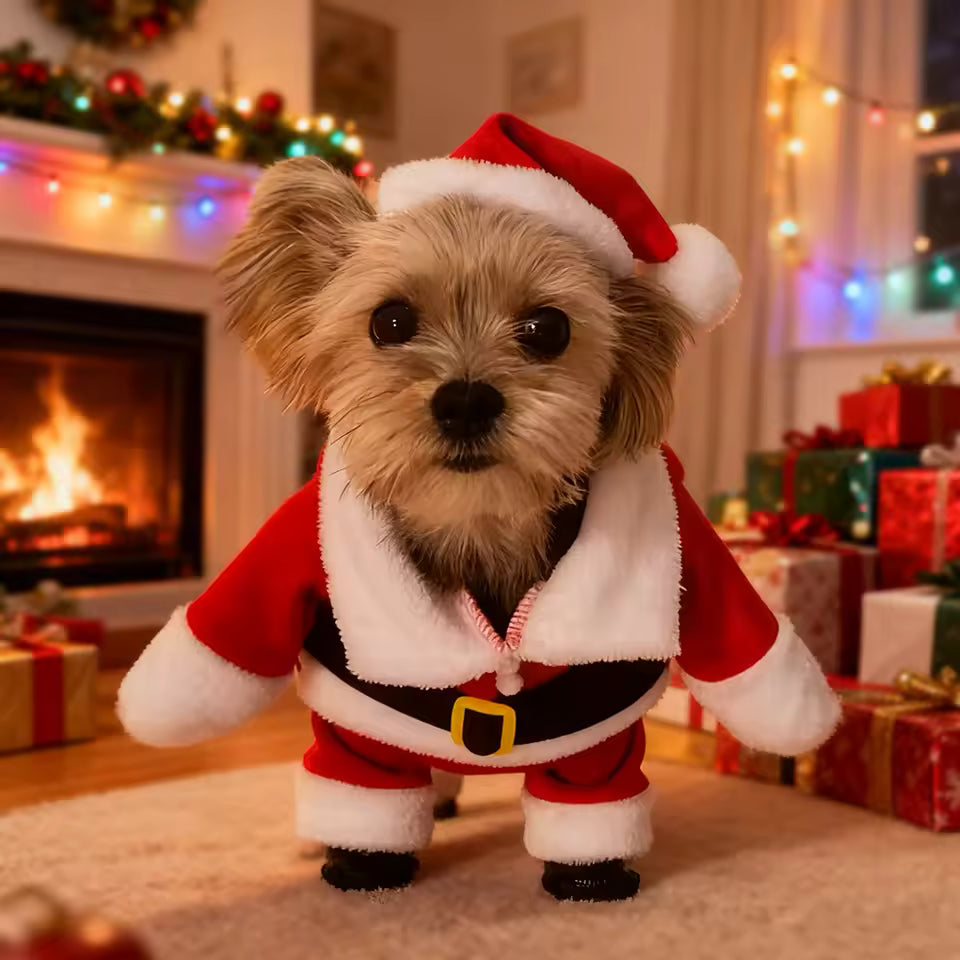 Santa dog outfit on a Yorkie posing next to Christmas presents.