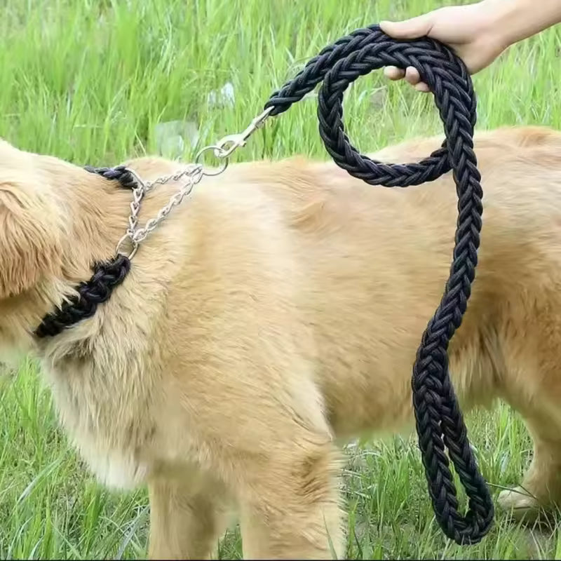 Black, thick braided dog leash held by a person next to a happy Golden Retriever sitting on a red sports field.