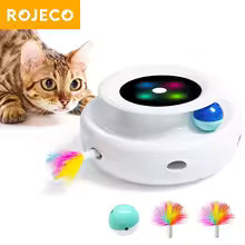 Close-up of the ROJECO smart toy showing the natural, colorful feather attachment which stimulates a cat's wild hunting instinct.
