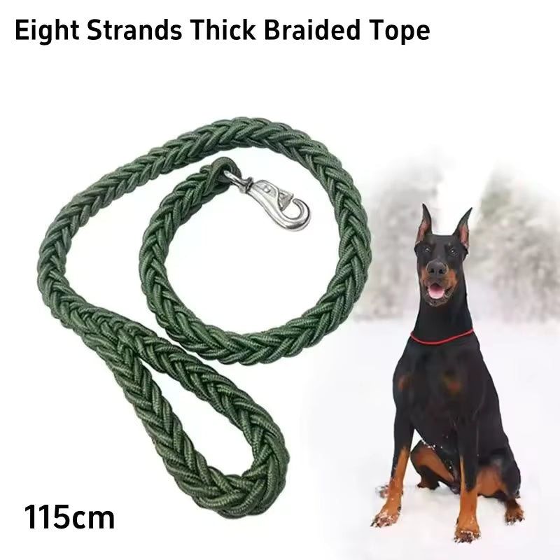 Eight Strands Thick Braided Rope dog leash in army green (115cm length), shown next to a large Doberman Pinscher in the snow.