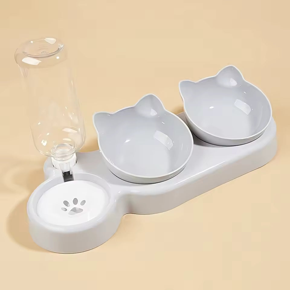 3-in-1 Elevated Tilted Cat Bowl Set with Automatic Water Dispenser