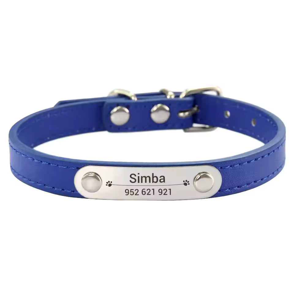 Navy Blue anti-lost dog collar with close-up of engraved text