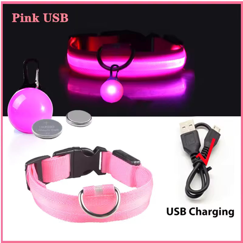 USB Rechargeable Glowing Dog Collar with Detachable LED Light Pendant - Luxury Night Safety for Small Dogs & Cats