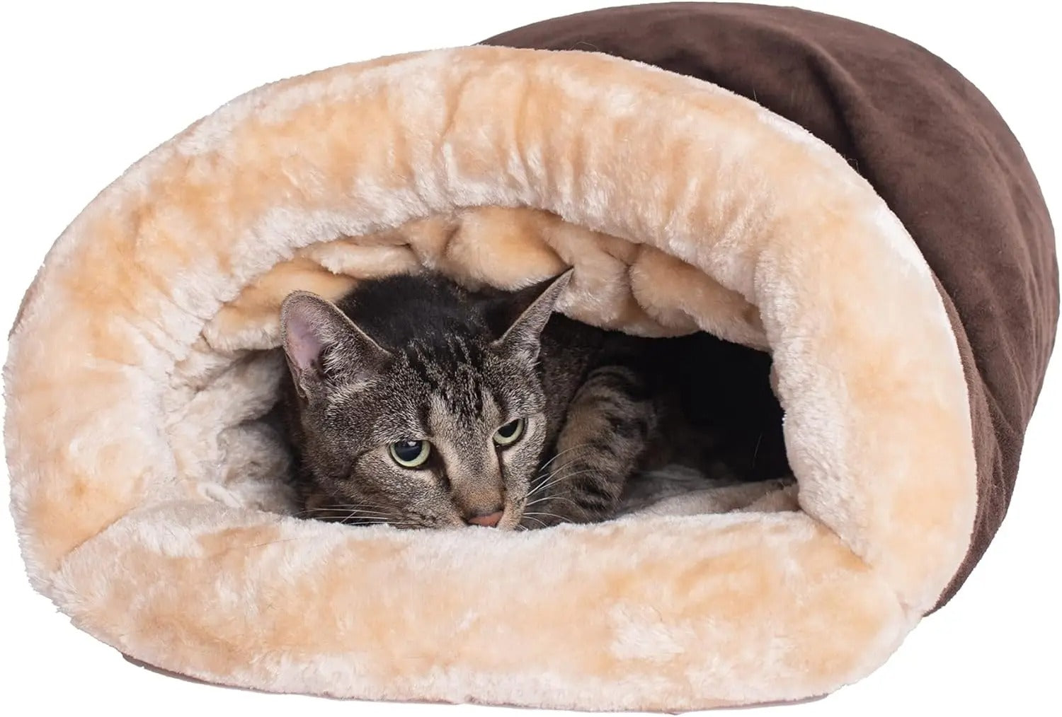 Image of the coffee-colored cat bed disassembled, highlighting the washable feature.