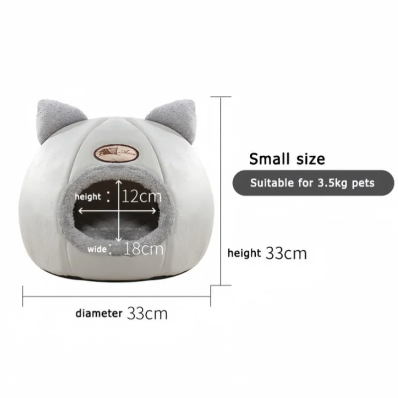 Cute cat head shape cave bed tent with a plush, removable cushion for winter warmth.