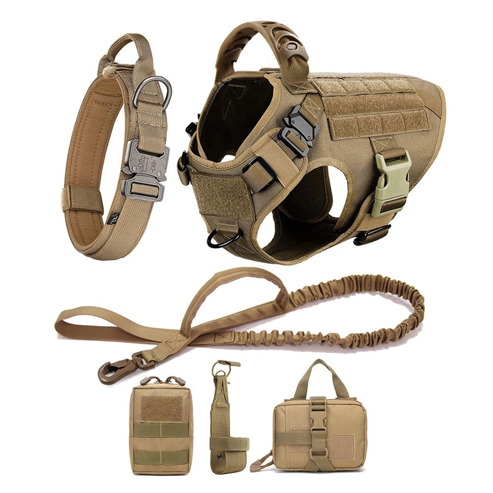 Heavy-duty tactical dog harness and leash set worn by a German Shepherd for training and walking.