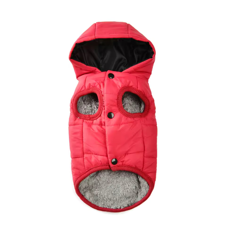 Vibrant Red warm fleece dog hoodie and winter coat with built-in D-ring